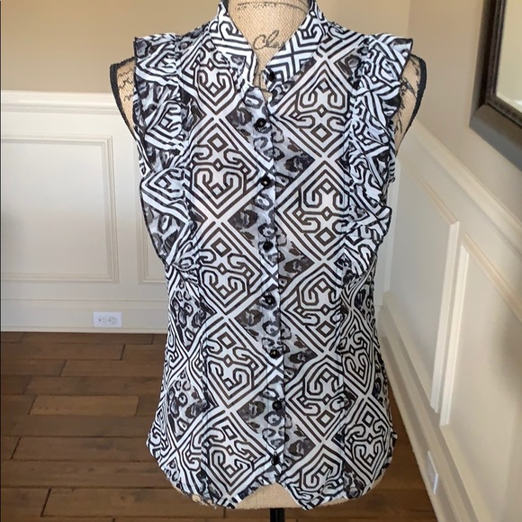 Lapis Sheer Patterned Ruffled Button Up Top EUC - Picture 1 of 8